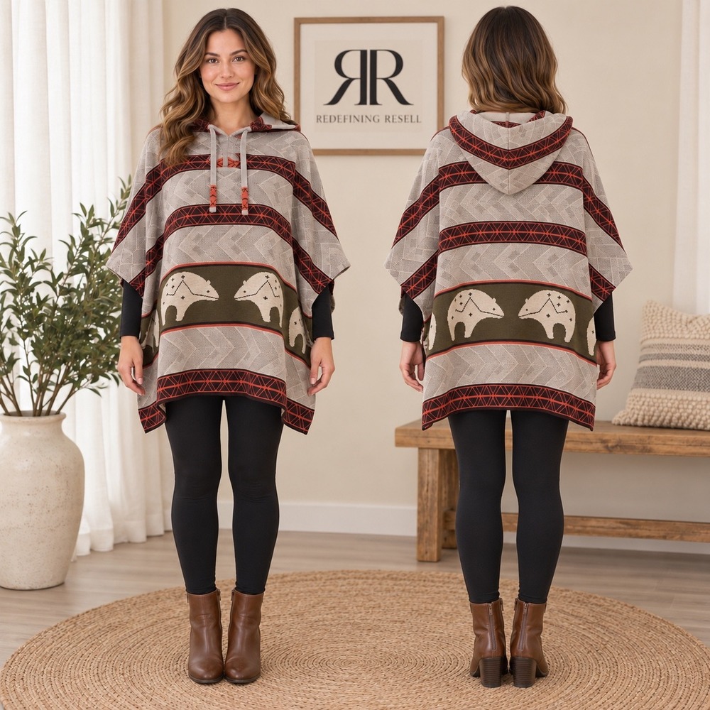 Pendleton Hooded Poncho Bear Geometric Wool Blend Grey Olive Green RN 29685